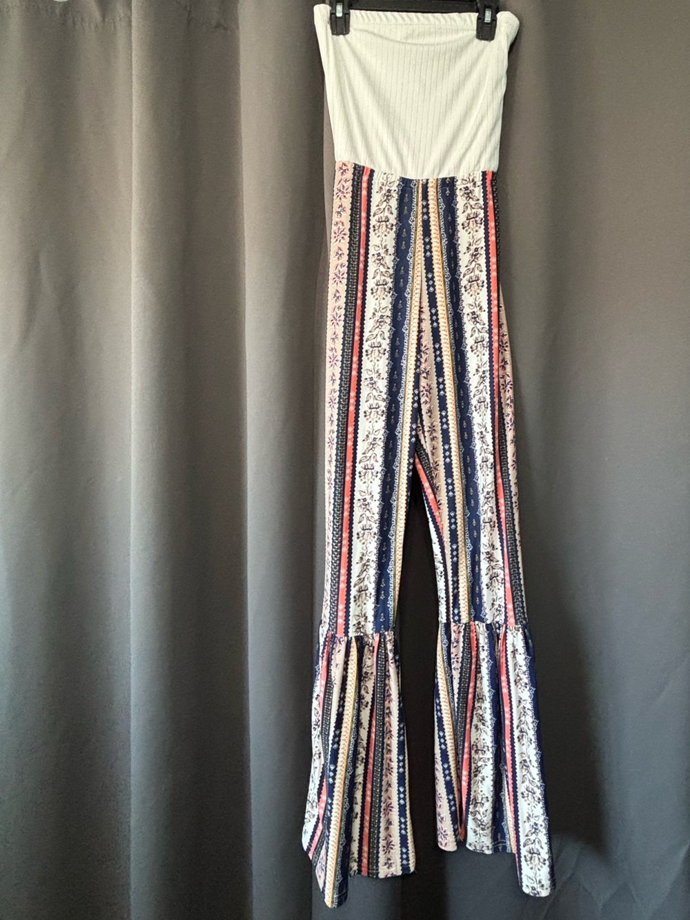 Striped Floral Strapless Wide-Leg Jumpsuit - White/Navy/Pink